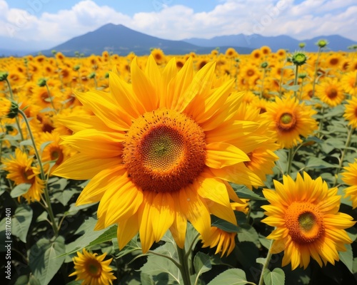 A field of sunflowers, with a mountain in the distance. The sunflowers are in bloom and facing the sun.