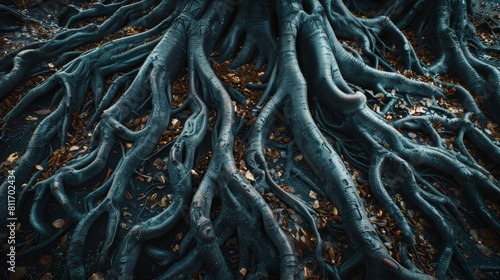 The image is a close-up of a tree's roots