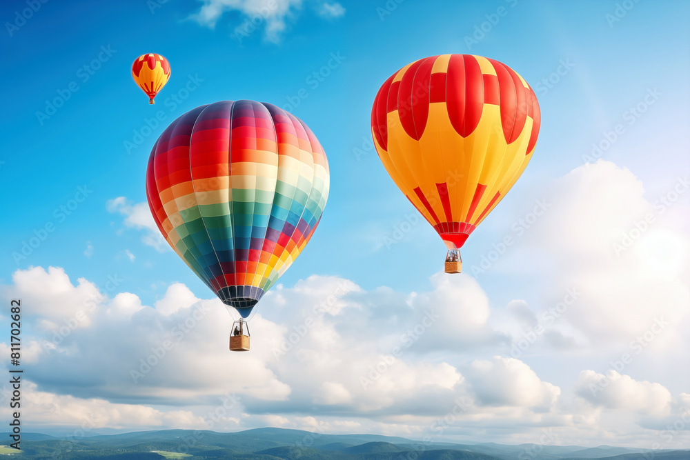 Fototapeta premium Hot air balloons flying high in blue sky. Background with selective focus and copy space