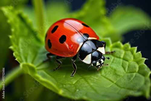 ladybug on green leaf with water drops close up macro shot