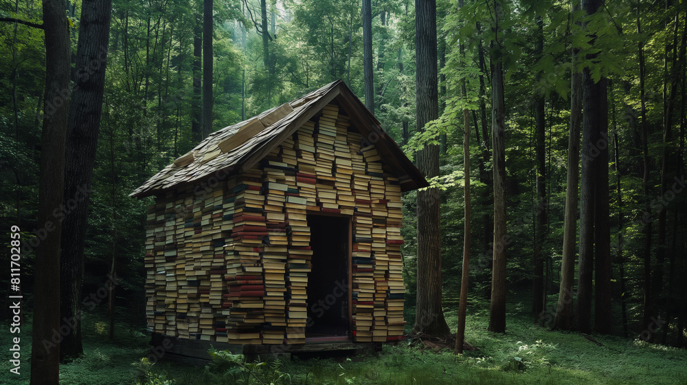 A writer’s retreat featuring a minimalist cabin with walls made entirely of stacked, open books in a serene forest 