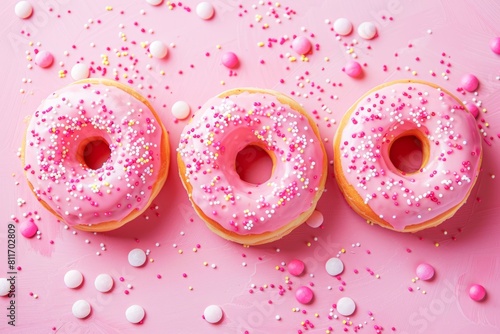 Pink Frosted Donuts Sprinkled With White Nonpareils on a Pastel Pink Surface