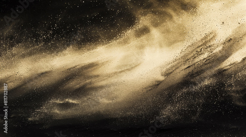 An abstract portrayal of a sandstorm  with fine grains of sand dramatically sweeping across a dark  moody background 