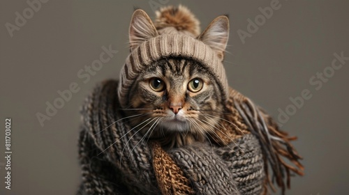 Cat dressed in winter clothes portrait on isolated background