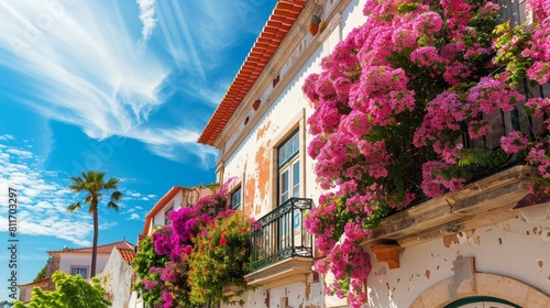 Cascais, Portugal. Traditional architecture with blooming flowers against the blue sky.