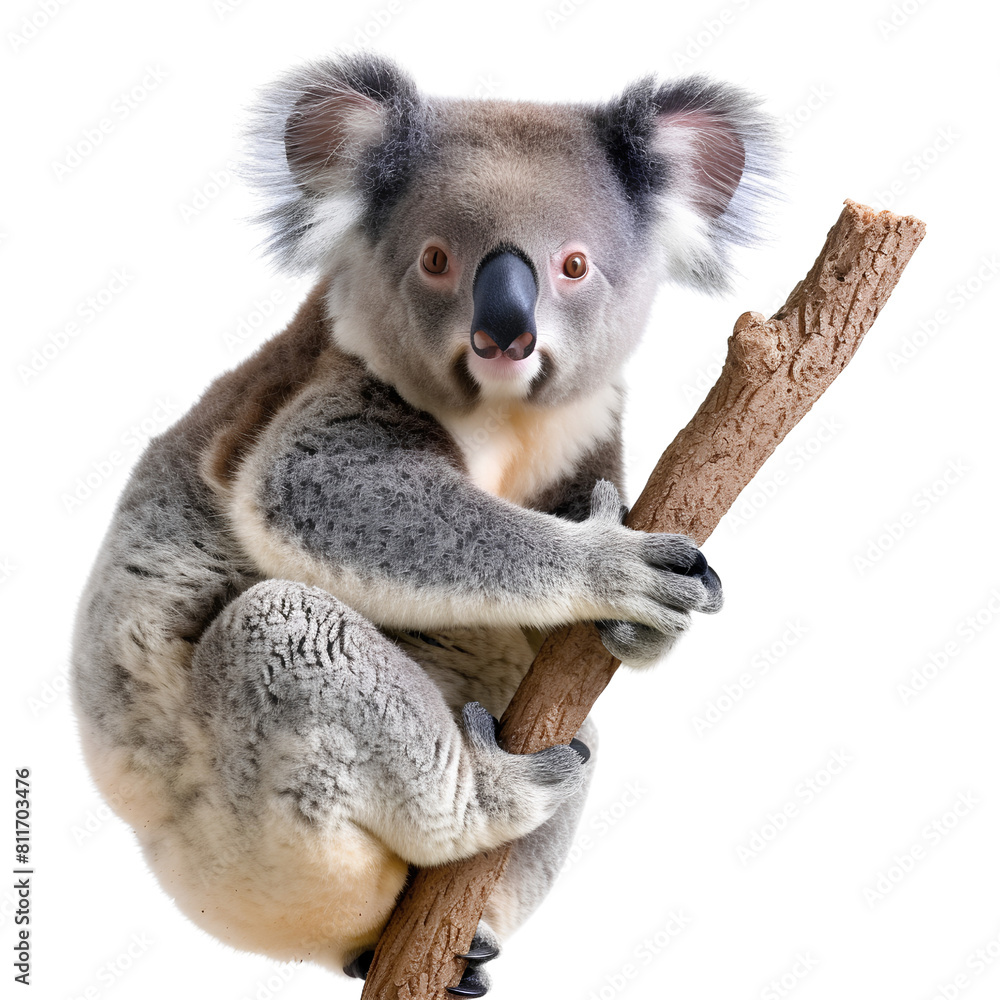 Fototapeta premium Koala Clinging to Tree Branch in Natural Habitat, isolated, transparent background, white background, no background