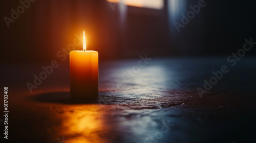 An artistic representation of power outages, featuring a single, unlit candle in a blackout room, casting a faint shadow 