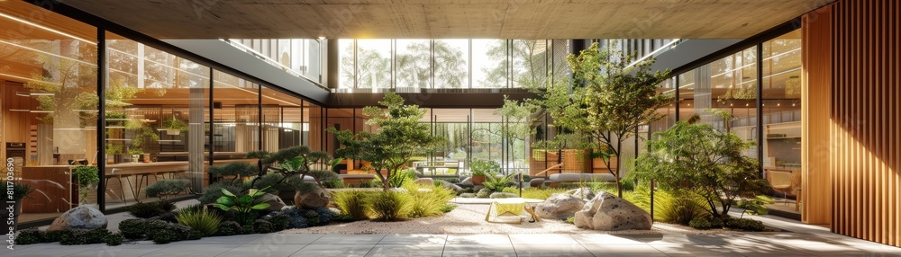 The photo shows a modern office space with a lot of natural light, plants, and wooden elements The photo shows a modern office space with a lot of natural light, plants, and wooden elements