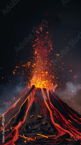 An eerie representation of a volcanic eruption, with a simple cone-shaped mound spewing red and orange paper strips against a dark backdrop 