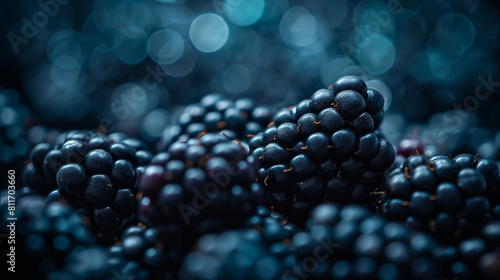 An elegant display of blackberries with a single berry in focus, surrounded by a halo of out-of-focus berries creating a bokeh effect on a dark background 