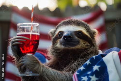 Threetoed sloth sipping red liquid through a straw at an event. Generative AI photo