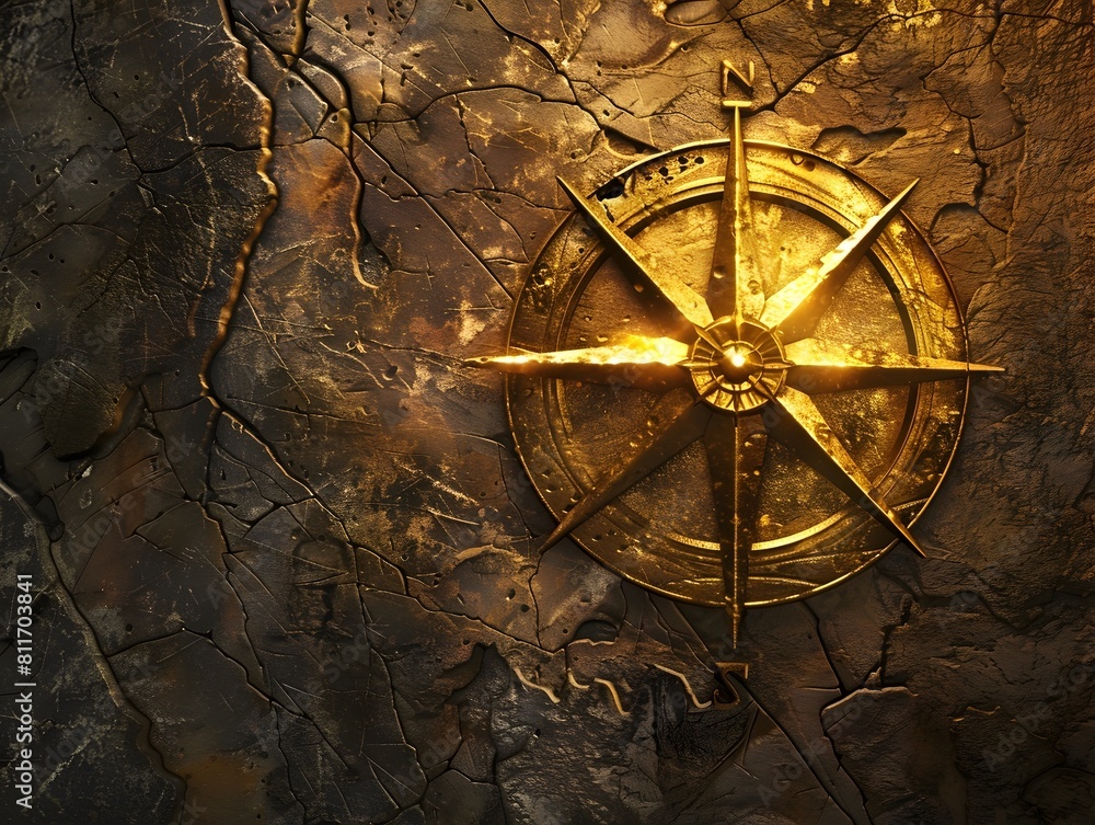 Fototapeta premium D of Golden Compass Rose Engraved on Weathered Map Symbolizing Adventure