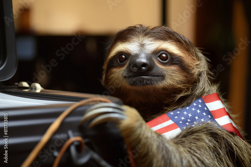  The elections. A threetoed sloth proudly holds an American flag in its paws. Generative AI photo
