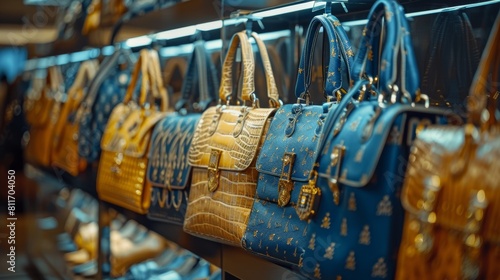 The image shows a variety of handbags, including blue and brown leather bags.