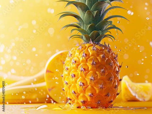 A pineapple is sitting on a yellow background. photo
