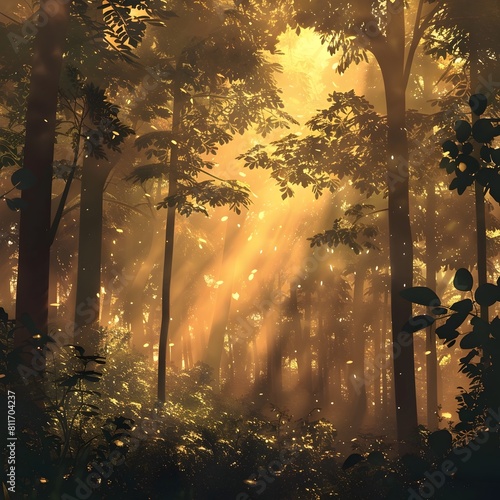 Golden Hour Serene Forest Bathed in Warm Sunlight Inviting Contemplation