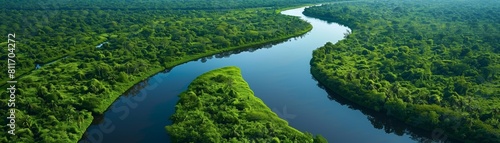 The photo shows a beautiful aerial view of a lush green rainforest with a river flowing through it.