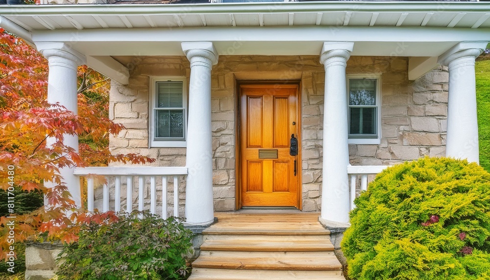 Georgian Grace: Wooden Front Door and Gabled Porch in Cottage Exterior Georgian Grace: Wooden Front Door and Gabled Porch in Cottage Exterior