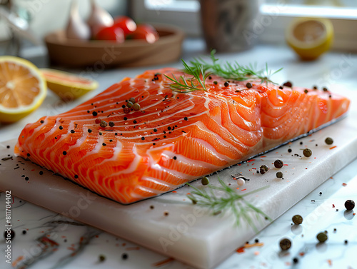 A piece of salmon on a cutting board. photo