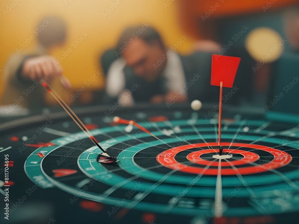Fototapeta premium A businessman aims an arrow at a virtual target dartboard