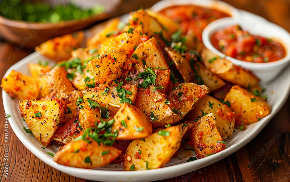 A plate of potatoes with herbs and sauce. A plate of potatoes with herbs and sauce.