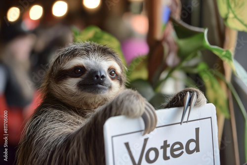  The elections. Threetoed sloth holding a voted sign in its paws in a wildlife event. Generative AI photo