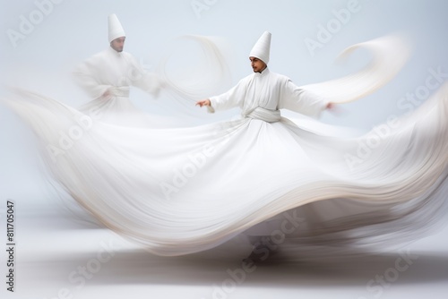 Sufi whirling dance with white dress on a white background and with a motion blur effect