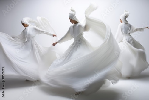 Sufi whirling dance with white dress on a white background and with a motion blur effect