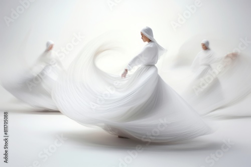 Sufi whirling dance with white dress on a white background and with a motion blur effect