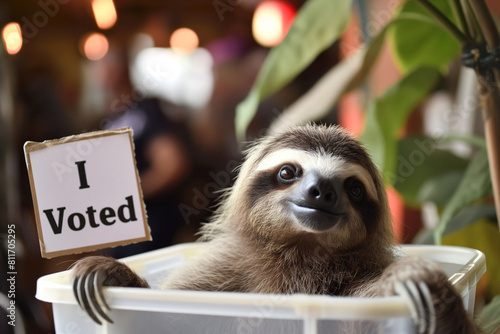  The elections. Threetoed sloth spotted holding I voted sign in jungle. Generative AI photo