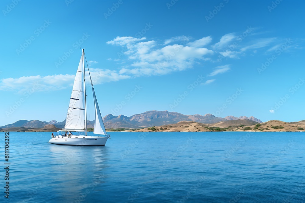 Yacht in the sea against the background of mountains and blue sky Yacht in the sea against the background of mountains and blue sky