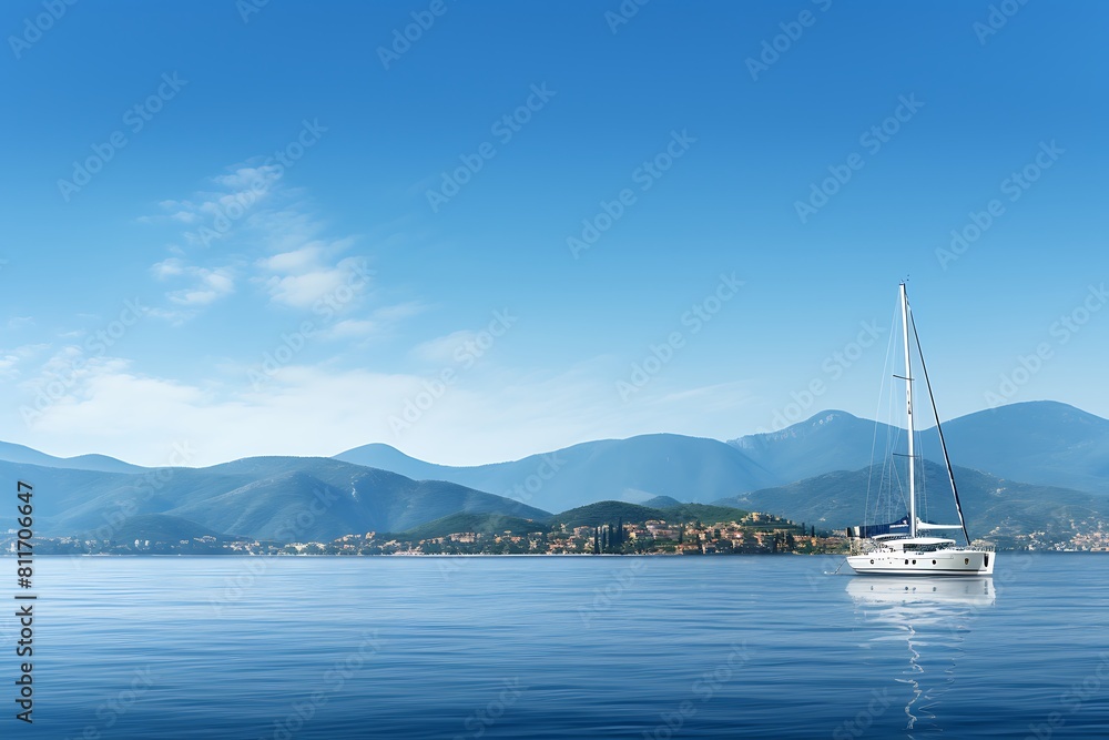Yacht in the sea against the background of mountains and blue sky Yacht in the sea against the background of mountains and blue sky