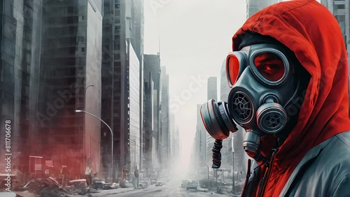 human in grunge clothes hooded and gas mask standing in destroyed city background. Dystopian concept, human survivor. Post apocalyptic world.  photo