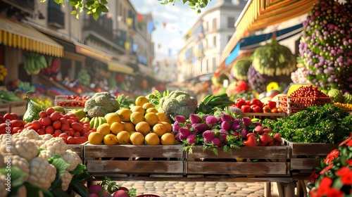 Vibrant Outdoor Farmers Market with Abundant Produce Display