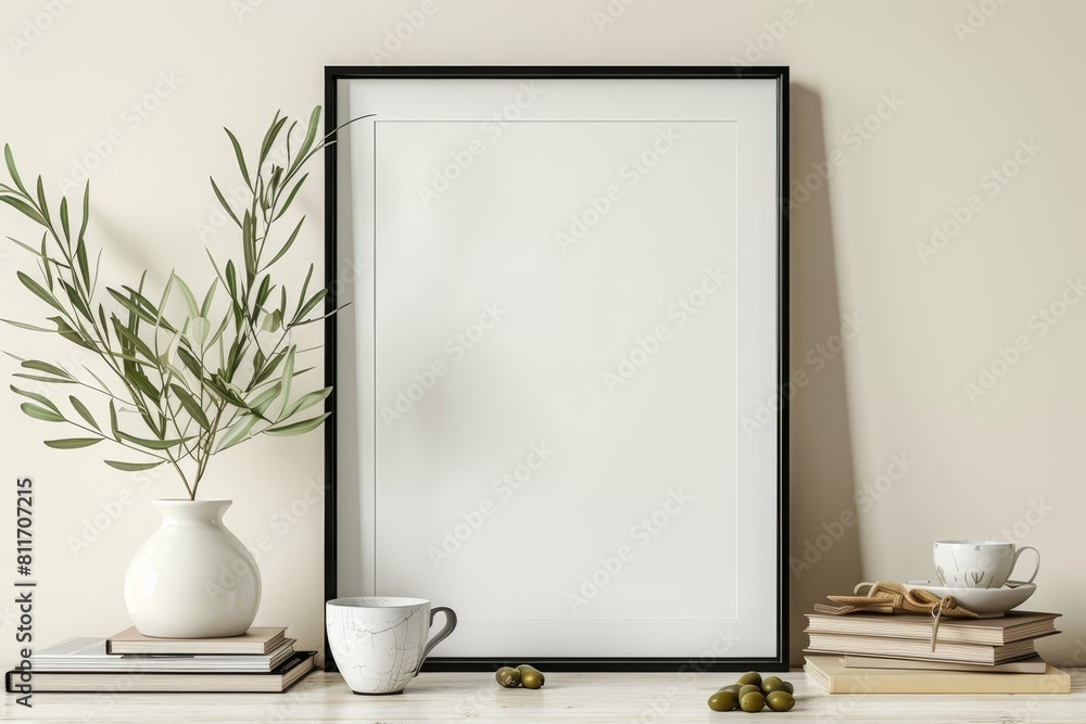 A black framed white picture sits on a table with a vase of olive leaves A black framed white picture sits on a table with a vase of olive leaves