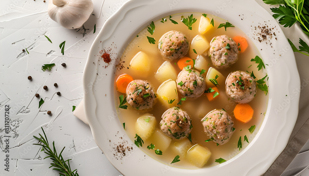classic meatball soup with potatoes and herbs, carrot A white plate with, top view classic meatball soup with potatoes and herbs, carrot A white plate with, top view