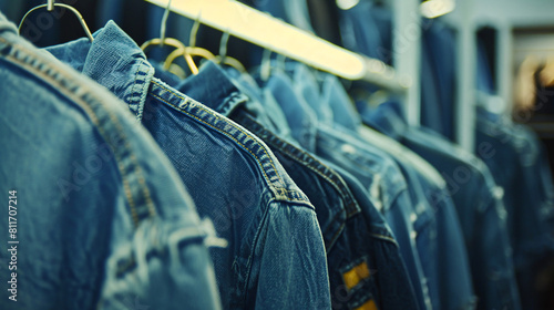 Rack with different stylish denim clothes near light white photo