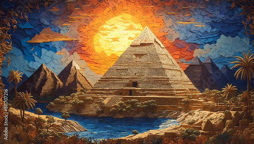 Magical scenic of great pyramid of giza with filigree paper quilling art design