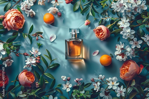 Aquatic ambiance in refreshing maritime magnolia perfume blends with sophisticated cherry fragrance, creating a water-inspired seasonal aroma in perfume bottles photo