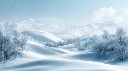 A snowy landscape with a mountain in the background