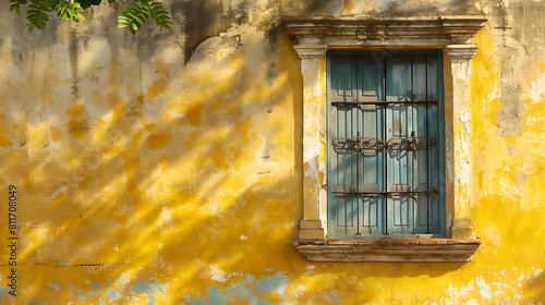 A vintage window on the yellow wall