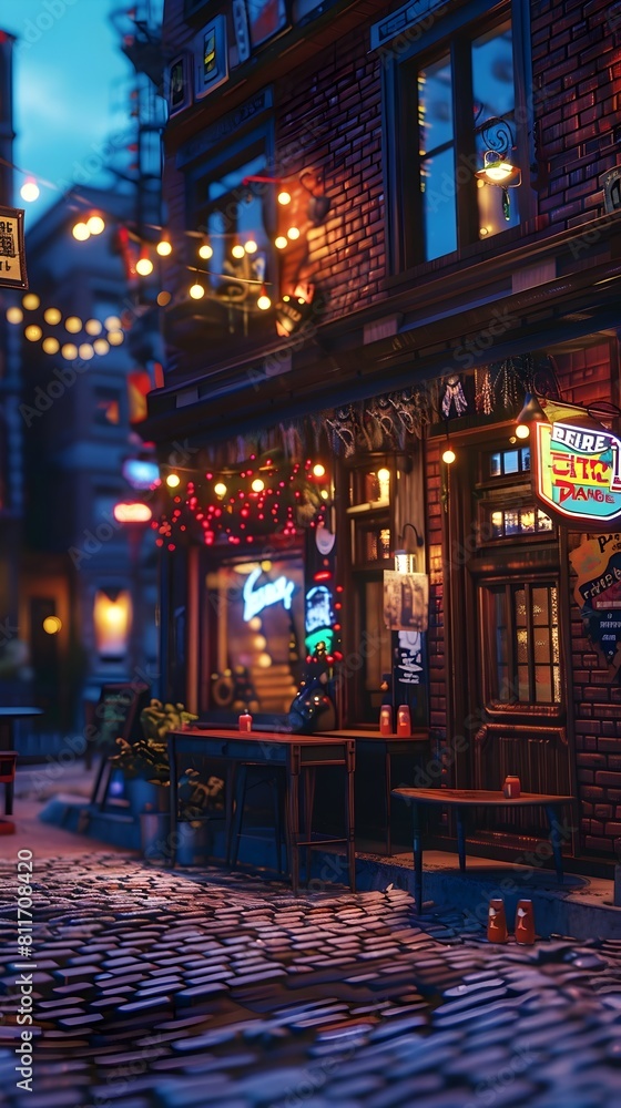 Obraz premium Bustling Cobblestone Street with Cozy Lit Pubs and Cafes Inviting Nighttime Atmosphere in Historic