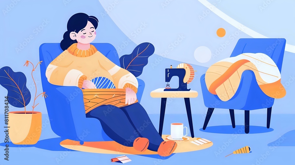 Obraz premium Happy seamstress surrounded by cozy comforts and sewing machine