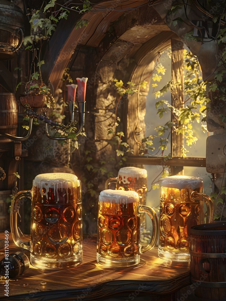 Festive Bavarian Beer with Overflowing Mugs on Rustic Wooden Table Festive Bavarian Beer with Overflowing Mugs on Rustic Wooden Table