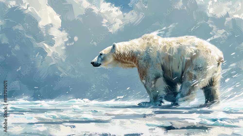 A polar bear walking across a vast expanse of ice and snow, symbolizing the Arctics pristine and untouched landscapes A polar bear walking across a vast expanse of ice and snow, symbolizing the Arctics pristine and untouched landscapes