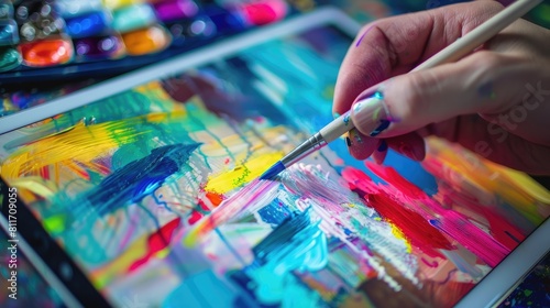 A digital artist creates a vibrant painting on a tablet. An AI assistant analyzes the artwork, suggesting color palettes, brush strokes, and potential improvements photo