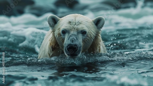 A polar bear swimming through icy waters in search of food, highlighting its adaptation to the Arctic environment