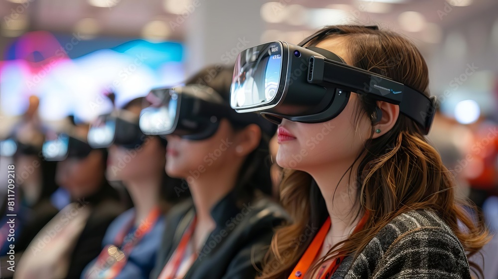 A professional meeting where participants wear augmented reality headsets to visualize complex data analytics A professional meeting where participants wear augmented reality headsets to visualize complex data analytics