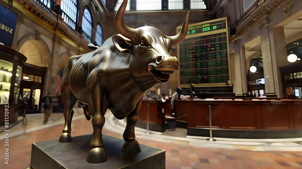Naklejka premium Bronze Bull Statue on Display in Historic Museum Art Gallery