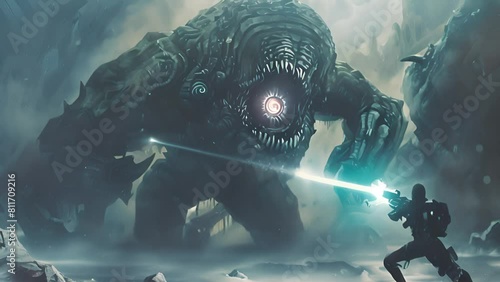 Giant Monster Confronts Soldier in Snowy Terrain with Ai generated.
